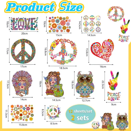 Vista 4 de Containlol 12 hojas de parches hippie para planchar, calcomanías de transferencia de calor para ropa, primavera, paz, amor, corazón, flor, apliques