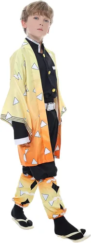 Vista 2 de Disfraz de cosplay amarillo, conjunto completo de kimono de anime, traje negro, conjunto completo de Halloween para niños, adultos, hombres y niños