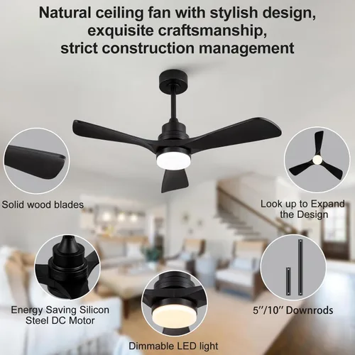Vista 6 de Ventiladores de techo negros de 42 pulgadas con luces y control remoto, luz LED regulable, 3 cuchillas de madera, función de memoria, motor CC