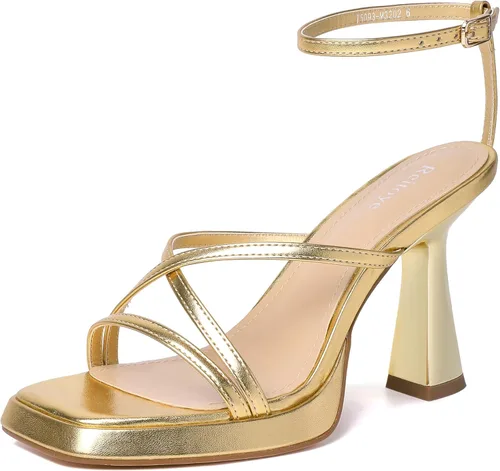 Vista 13 de Reitoye Tacones de tiras para mujer, con plataforma, tacones altos y gruesos, sandalias de tacón cuadrado con puntera abierta, correa de tobillo