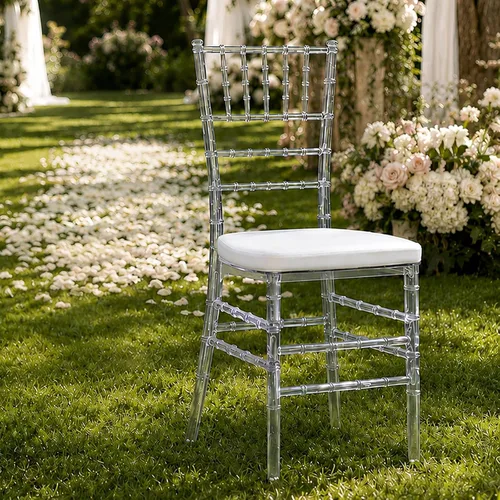 Vista 2 de FOH Juego de 3 sillas Chiavari de acrílico transparente con cojines, silla de comedor de cristal transparente totalmente montada, sillas fantasma