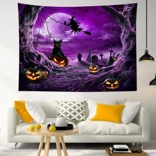 Vista 13 de LB Tapiz espeluznante de cementerio de Halloween, lápida aterradora con árboles muertos, tapiz de bosque para colgar en la pared, tapiz de fondo