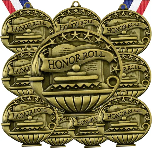 Vista 12 de Express Medals Pack of 10 (or More) Engraved Scholastic Honor Roll Award Medals with RWB Neck Ribbons