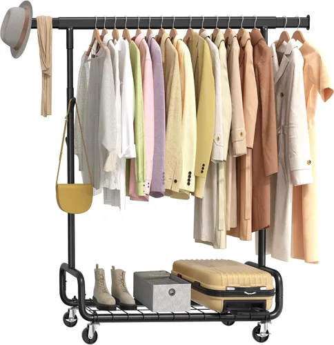 Vista 9 de SONGMICS Perchero de Ropa, Perchero de Ropa Rodante de Servicio Pesado con Ruedas, Barra Colgante Extensible y Altura Ajustable, Portátil, con Plata