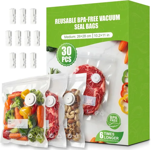 Vista 10 de RIWUSI 30 bolsas selladoras al vacío reutilizables para alimentos con válvula de aire y 10 clips de sellado, pequeñas (8.2 x 8.7 pulgadas), bolsas