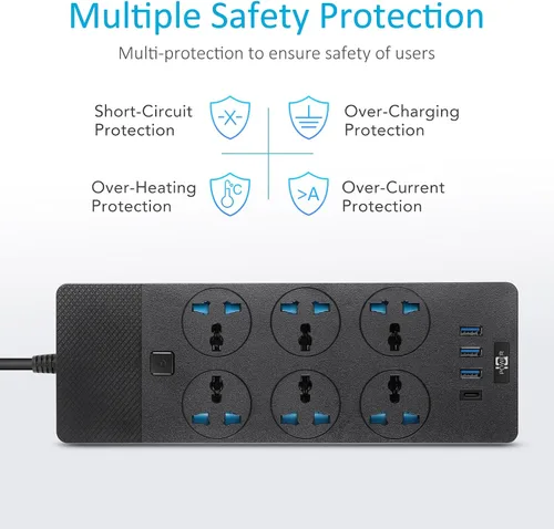 Vista 4 de Adaptador de Corriente Universal, Jumpso Regleta de Alimentación de 3000w con 4 Puertos USB (1 USB C), Cable de Extensión de 6ft con Tomas