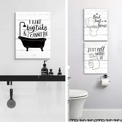 Vista 3 de Arte Gracioso de Baño en Lona para Pared en Blanco y Negro Juego de Inodoro y Tina Cartel Impreso en 3 Piezas Pintura de Citas de Baño Estilo Retro
