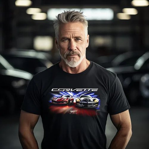 Vista 2 de Wicked Metal Corvette c7 rojo, camisa Corvette, camisa de coche musculoso, camisa Corvette c7