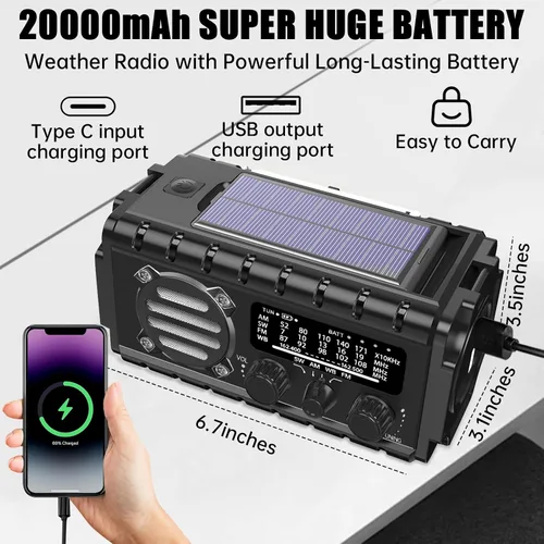 Vista 3 de Aivica Radio de Emergencia de 20000mAh, Radio Meteorológica SW/NOAA/AM/FM, Cargador de Manivela Solar con Batería Grande, Portátil, Carga