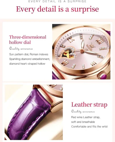 Vista 6 de OLEVS Reloj mecánico automático para mujer, correa de cuero, cuerda automática, reloj de pulsera para mujer, esfera de corazón de diamante