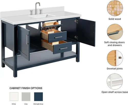 Vista 6 de ARIEL Bayhill - Tocador de baño con lavabo de 54 pulgadas, madera maciza, encimera de cuarzo blanco puro de 1.5 pulgadas, fregadero rectangular Negro