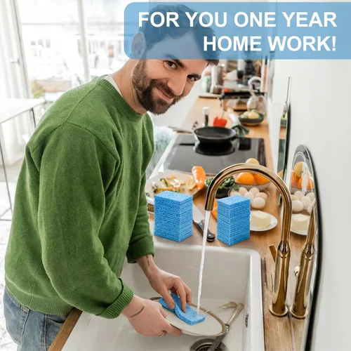 Vista 6 de Zhengmy 48 esponjas a granel, esponjas comprimidas de cocina, esponja natural para platos, limpieza de pulpa de madera comprimida sin rayar para Azul