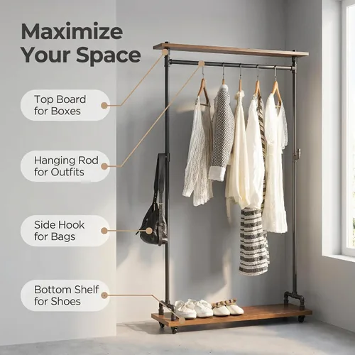 Vista 4 de Estante de ropa de tubería industrial, Perchero de madera, Estante de ropa rodante Iron Clothing Hanging Rod with Shelves, Wheels and Hangers