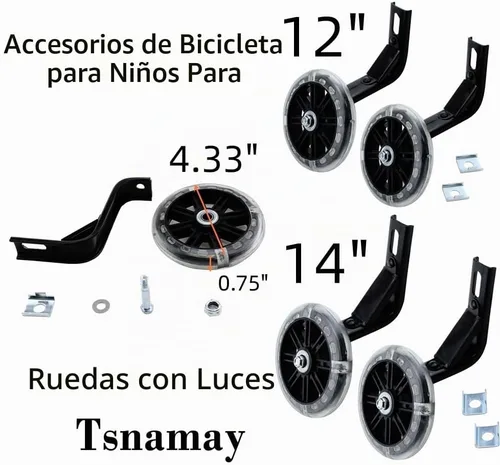 Vista 2 de Par de ruedas auxiliares de bicicleta para niños, accesorios para bicicletas de 12 "14" 16", ruedas de entrenamiento flash