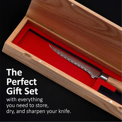 Vista 2 de Master Maison Cuchillo de filete de acero de Damasco de 6 pulgadas con mango de espiga completa, funda, piedra de afilar, caja de almacenamiento
