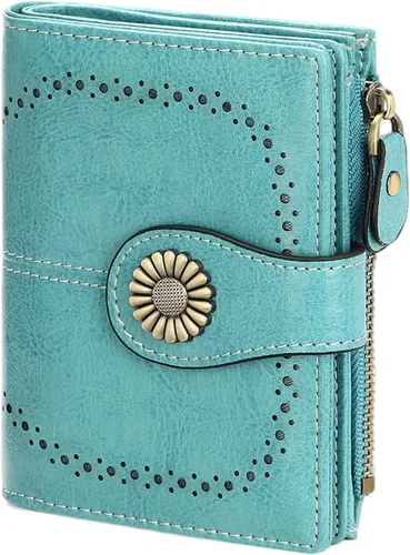 Vista 10 de SENDEFN - Billetera pequeña para mujer de cuero con doble solapa, portatarjetas con bloqueo RFID, bolsillo con cremallera para monedas 1-cera-rosa