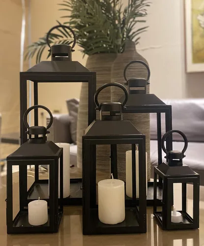 Vista 4 de Faroles decorativos de madera y vidrio para velas, 1 pieza grande (5, negro)