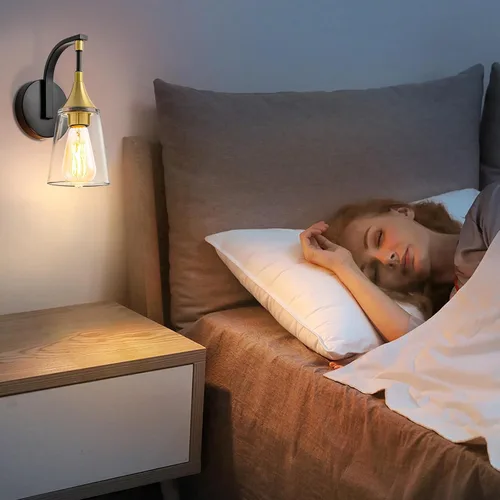 Vista 5 de Lámpara de pared de baño de 1 luz, lámpara de pared negra y dorada con pantalla de vidrio transparente, lámpara de pared moderna para interiores
