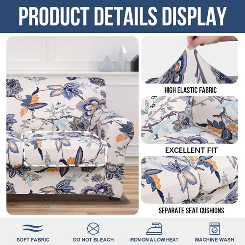 Vista 2 de hyha Funda para sofá, fundas para sofá biplaza, diseño floral, elásticas, estampadas, 3 piezas, fundas para sofá de 2 cojines separados, protector