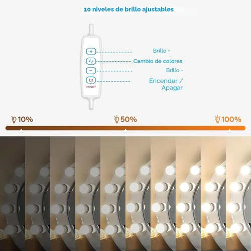 Vista 3 de Luces LED de tocador para espejo, luces de tocador adhesivas con 10 bombillas regulables, 3000K 4000K 6500K y 10 niveles de brillo ajustable, cable