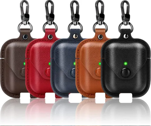 Vista 6 de Funda de cuero para Airpods con llavero, funda protectora de cuero vintage portátil a prueba de golpes para Apple AirPods 1 y AirPods 2 funda