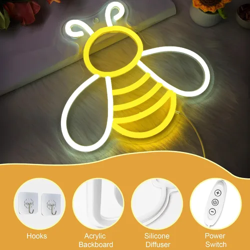 Vista 4 de CoolGift Mart Letrero de neón de abeja - Luz de neón de miel regulable para decoración de pared, decoraciones de fiesta de cumpleaños para el hogar