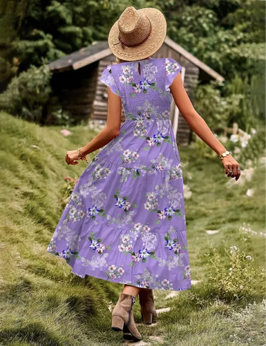 Vista 4 de YESNO Vestidos de verano para mujer, con volantes, manga casquillo, vestido casual bohemio con corpiño fruncido con bolsillos, E05