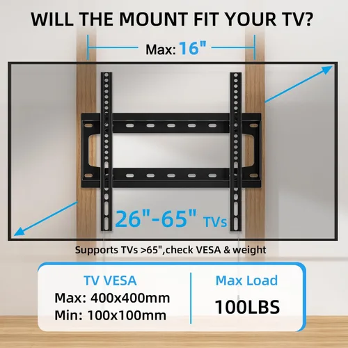 Vista 2 de HOME VISION Soporte de pared para TV fijo para la mayoría de televisores planos/curvados de 26-65 pulgadas con VESA máx. 400x400mm hasta 99 libras