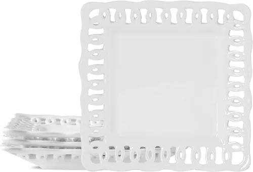 Vista 9 de Juego de 4 platos de cena de 10 pulgadas con borde de encaje, nuevos platos redondos de porcelana color hueso con diseño único de ahuecamiento
