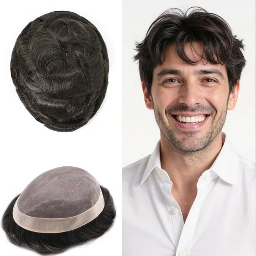 Vista 37 de Fine Mono Men Hair System Mens Toupee Real Human Hair Pieces For Men's Toupee Hair System For Men Hair Piece Natural Hairline 6X8 densidad de luz