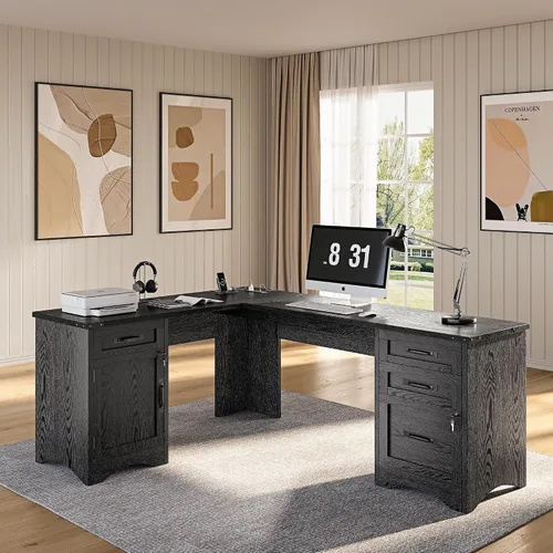 Vista 10 de Decofy L Shaped Farmhouse Executive Desk with Drawers, Grey Gris