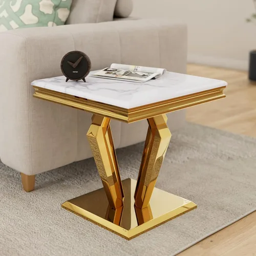 Vista 12 de ACEDÉCOR Mesa auxiliar cuadrada de 22 pulgadas, mesa auxiliar plateada con elegante parte superior de mármol sintético y base en forma de diamante