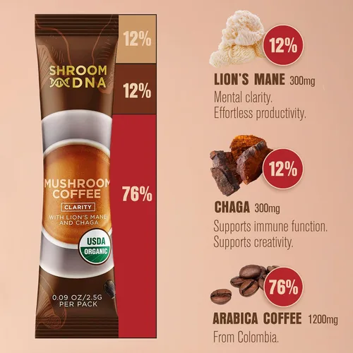 Vista 2 de ShroomDNA - Café orgánico de hongos con melena de león y hongos chaga, café instantáneo orgánico. Enfoque instantáneo + claridad todo el día.