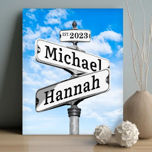 Vista 14 de WNNNS Póster de letrero de calle vintage con nombre personalizado para parejas, novia, novio, impresiones en lienzo personalizadas para enamorados