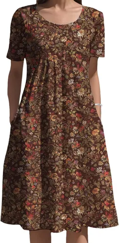 Vista 23 de Vestidos bohemios para mujer, estampado floral, manga corta, cuello redondo, talla grande, vestido de vacaciones con bolsillos para verano 2025