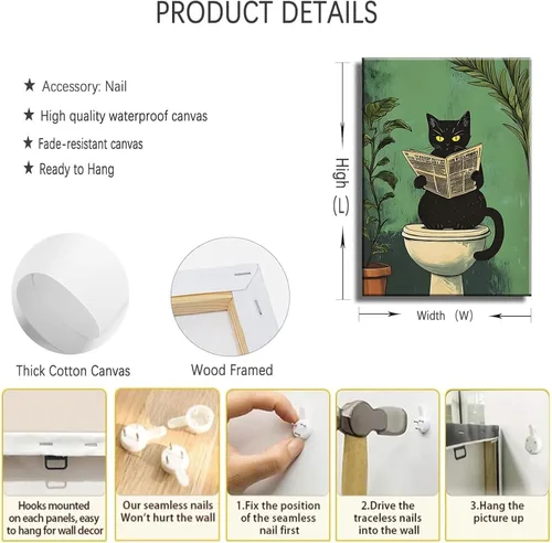 Vista 2 de 3 piezas de divertidos carteles de gato negro en lienzo para pared de baño Arte de pared vintage Gato se lava las patas leyendo el periódico