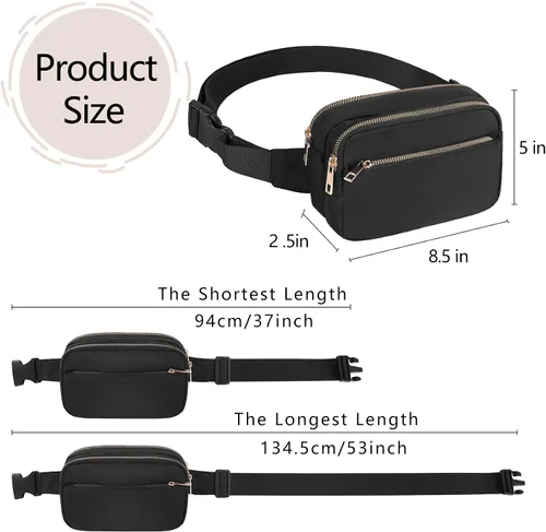 Vista 5 de Riñonera de moda para mujer con correa ajustable para viajes, correr, senderismo, caminar, 3-Cremallera Negro, 1 paquete de cangurera de 3