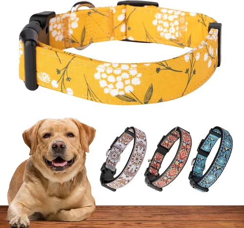Vista 19 de Collar de perro para perros medianos y grandes, patrón acolchado de algodón con flores en collares de larga duración, ajustables, fuertes