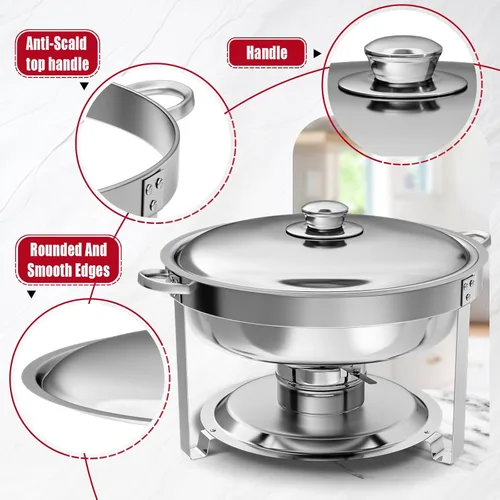 Vista 3 de IMACONE Juego de 2 platos para bufé, rectángulo de 8 cuartos y 5 cuartos de galón de acero inoxidable redondo para catering, chafers