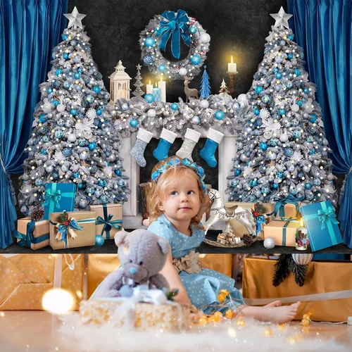 Vista 3 de Avezano Telón de fondo para chimenea de Navidad, cajas de regalo de juguetes, fondo de árbol de Navidad para fotografía, vintage, azul y blanco