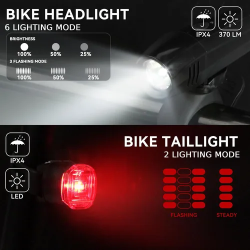 Vista 3 de Venzio Luces de bicicleta, faros y luces traseras recargables USB-C para bicicleta, luces delanteras y traseras de bicicleta de 6+2 modos