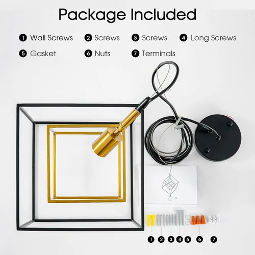Vista 9 de Lámpara de araña geométrica moderna, lámpara colgante de metal con 1 luz, lámpara de techo colgante de latón negro, iluminación industrial de cubo