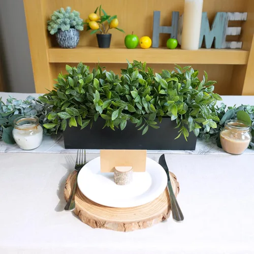Vista 8 de Winlyn Planta de boj artificial de 14 pulgadas, arreglo de vegetación de boj sintético en negro, maceta rectangular de madera en maceta, planta