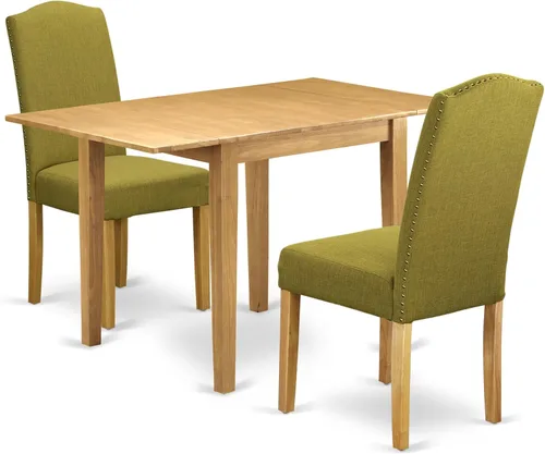 Vista 18 de East West Furniture 1NDEN3-LWH-06 - Juego de mesa de comedor de 3 piezas que contiene una mesa rectangular con gotas y 2 sillas tapizadas de tela