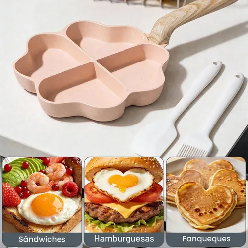Vista 8 de MOKIKA Sartén antiadherente para tortilla de huevos con secciones de corazón, 4 tazas en forma de corazón, sartén dividida adecuada para estufa