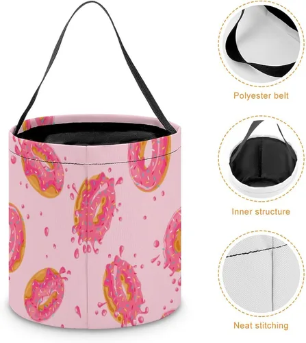 Vista 4 de Bolsas de asas con estampado de rosquillas dulces para Halloween, bolsa de regalo, cesta de caramelos, cubo portátil reutilizable