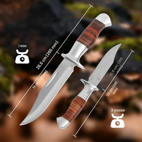 Vista 3 de Mossy Oak Cuchillo Bowie de hoja fija, cuchillo de caza de 2 piezas con mango de cuero con patrón láser, funda incluida