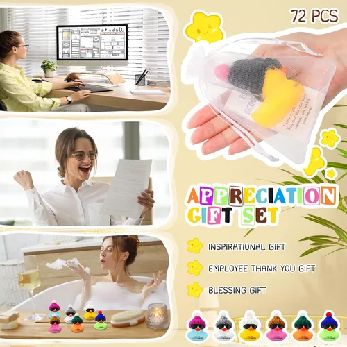 Vista 5 de Liliful Juego de 72 mini patos de goma inspiradores con gafas, regalos de agradecimiento motivacionales, regalos de agradecimiento para compañeros
