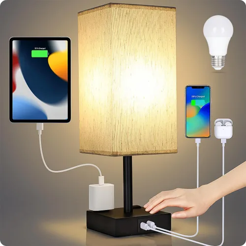 Vista 8 de Lámpara de mesa para dormitorio, lámpara táctil pequeña con puertos de carga USB C+A y salidas de CA, lámpara de mesita de noche regulable de 3 vías