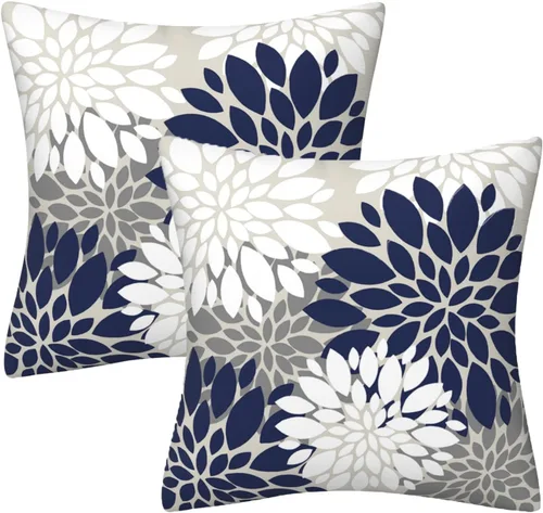 Vista 34 de Juego de 2 fundas de almohada decorativas de dalia azul marino, rojo, gris, dalia floral, para interiores y exteriores, funda de almohada de Floral 1